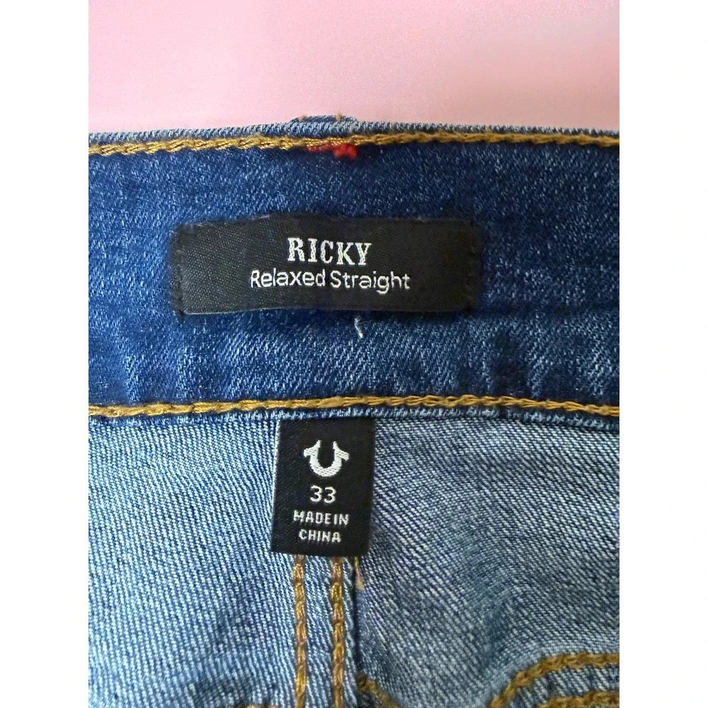 True Religion Ricky Relaxed Straight Jeans‎ Mens 33 Blue Excellent Red Stitching